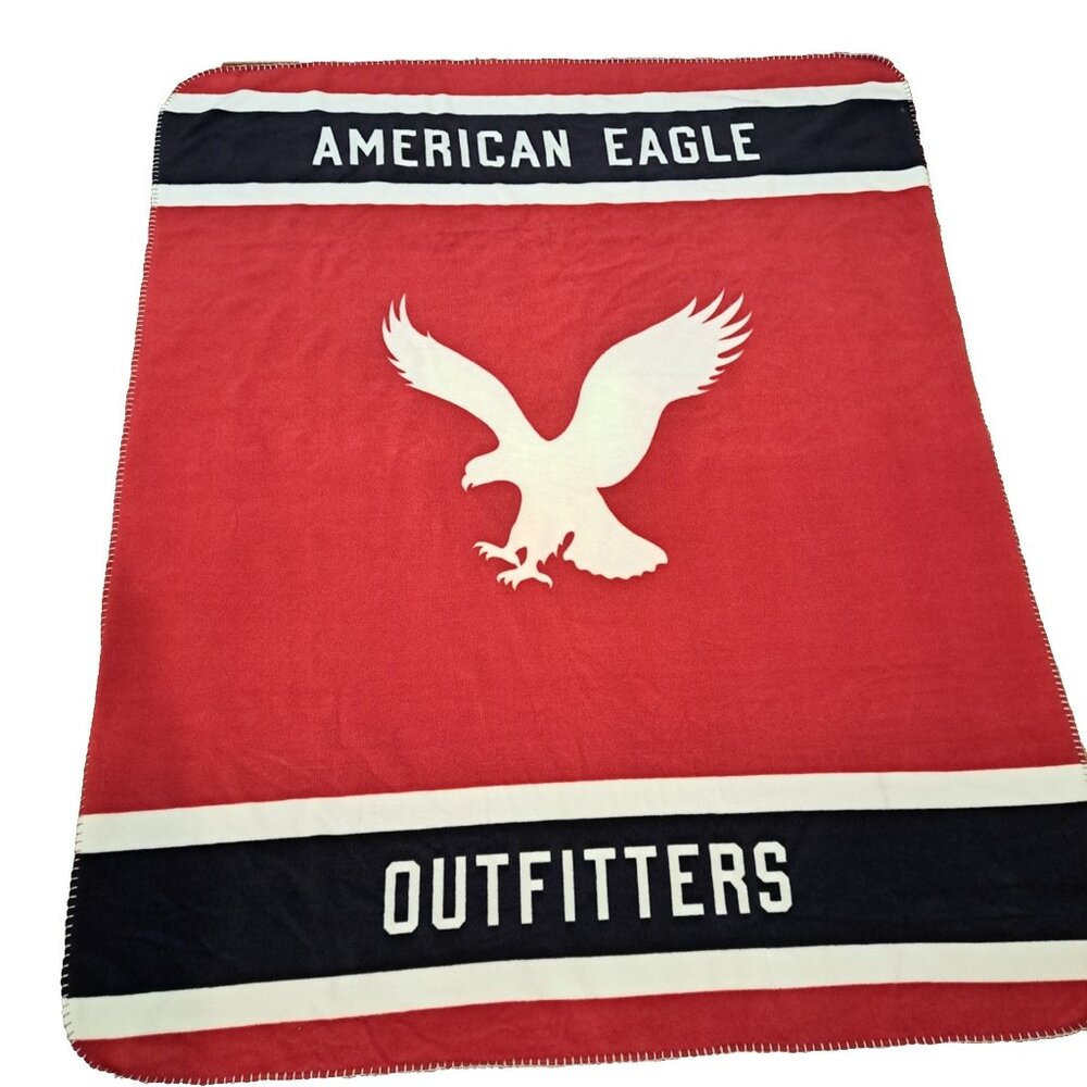 American Eagle Outfitters AEO Fleece Throw Lap Blanket Red White Blue 50X62 Cozy